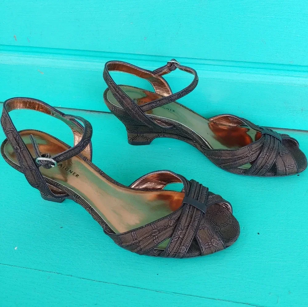 Etienne Aigner Signature Open Toe Ankle Strap Wedges Size Women's 7